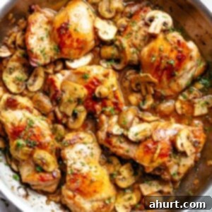 Golden Garlic Mushroom Chicken Thighs 2 Golden seared chicken thighs with buttery garlic mushroom sauce with a sprinkle of herbs Served over rice, pasta, mashed potatoes or lower carb options like mashed cauliflower or zucchini noodles!