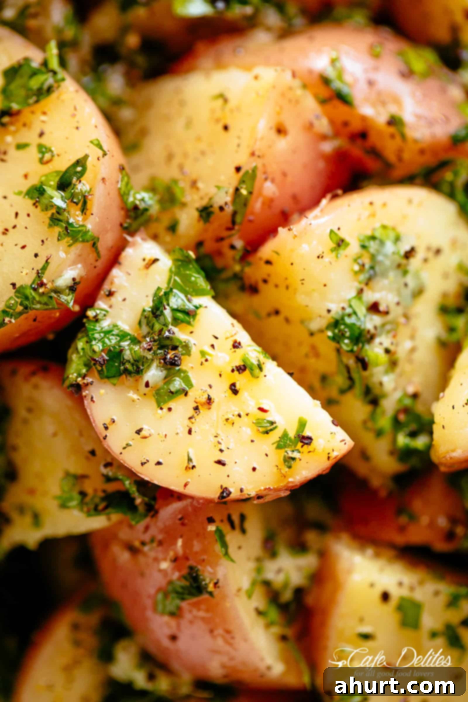 Herb Red Potato Salad | cafedelites.com Zoom in image of Herb Garlic Potato Salad with the most delicious herb dressing!