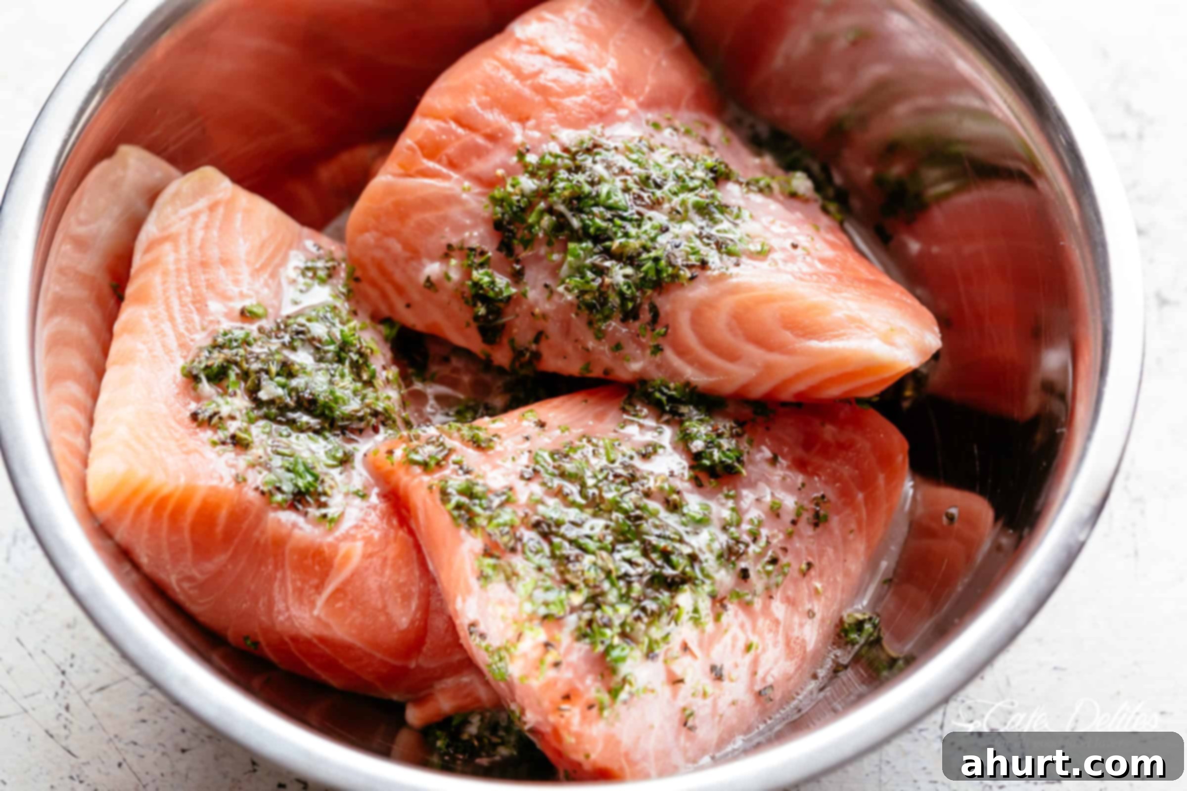 Salmon Salad | cafedelites.com Raw Lemon Herb Avocado Salmon Salad ready to marinate