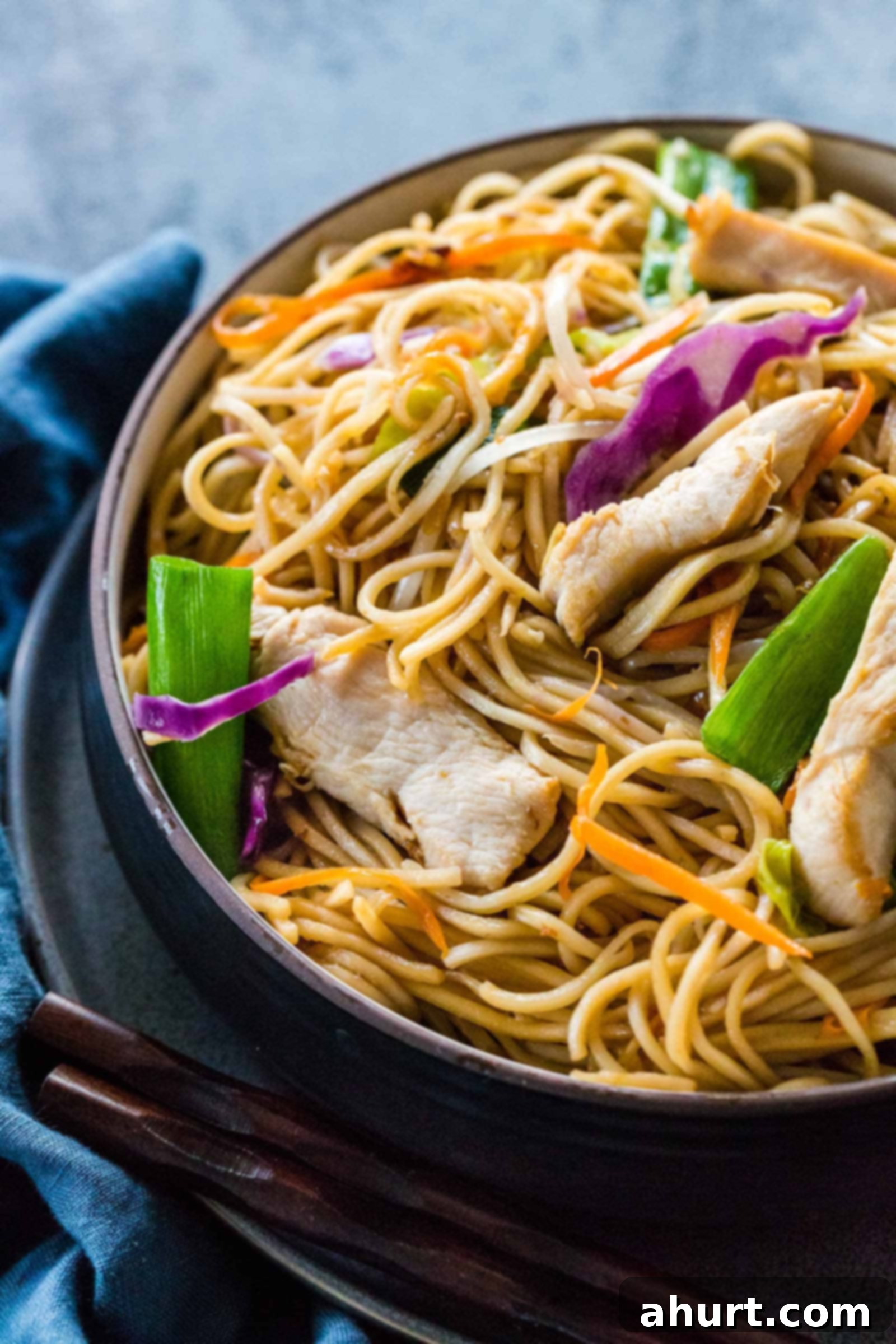 Savory Chicken Noodle Stir-Fry 2 chicken chow mein served in a dark bowl with blue table cloth
