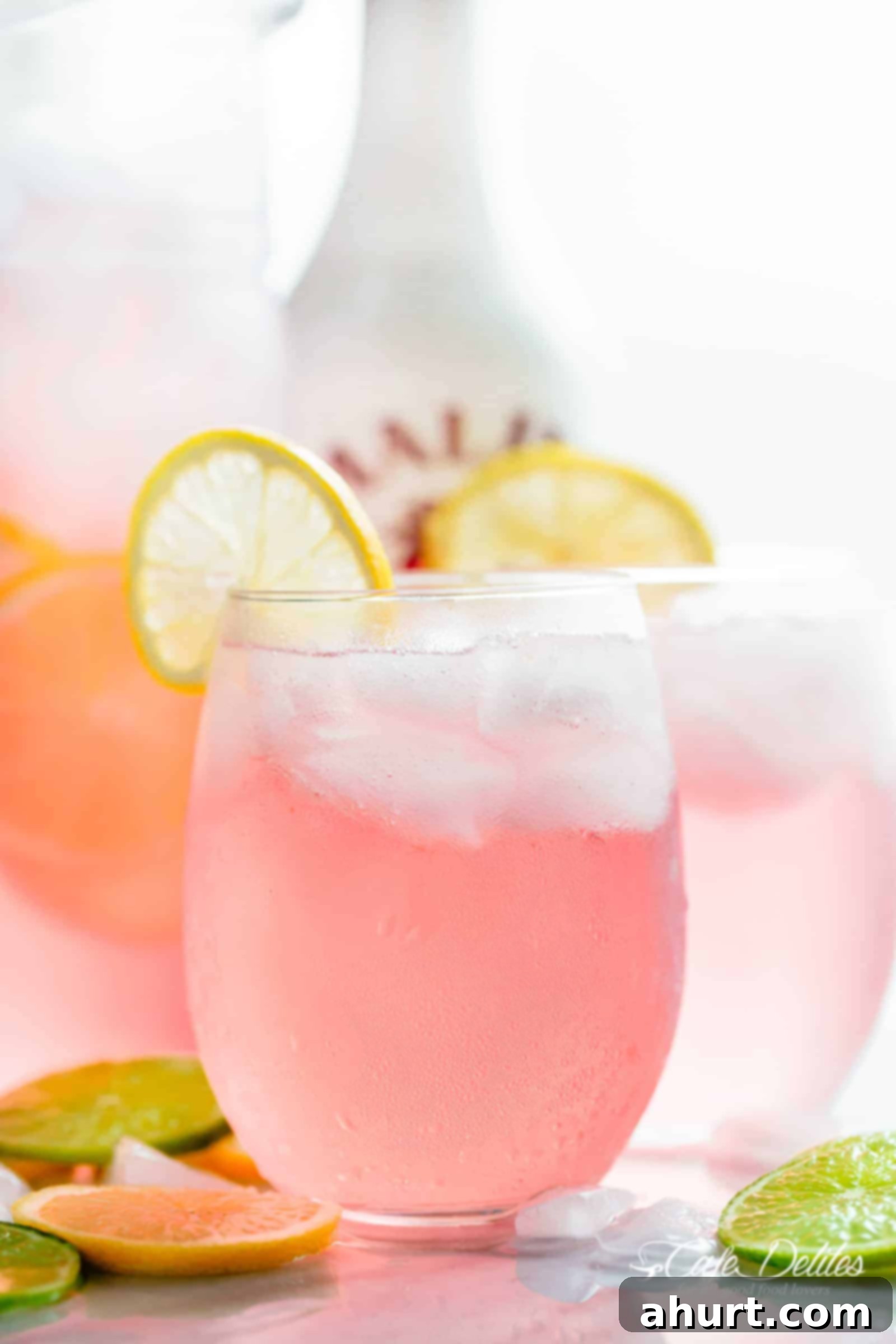 Pink Vodka Lemonade: The perfect refreshing party drink Pink Vodka Lemonade cocktail, vibrant and refreshing, ready to be served at a party. Features a splash of Malibu and fresh lime juice.