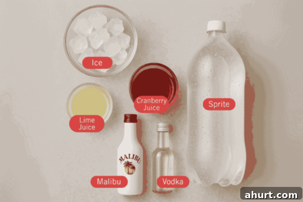 Pink Vodka Lemonade Perfection 2 Ingredients laid out for making Pink Vodka Lemonade: vodka, cranberry juice, Malibu, lime juice, lemonade, and ice.