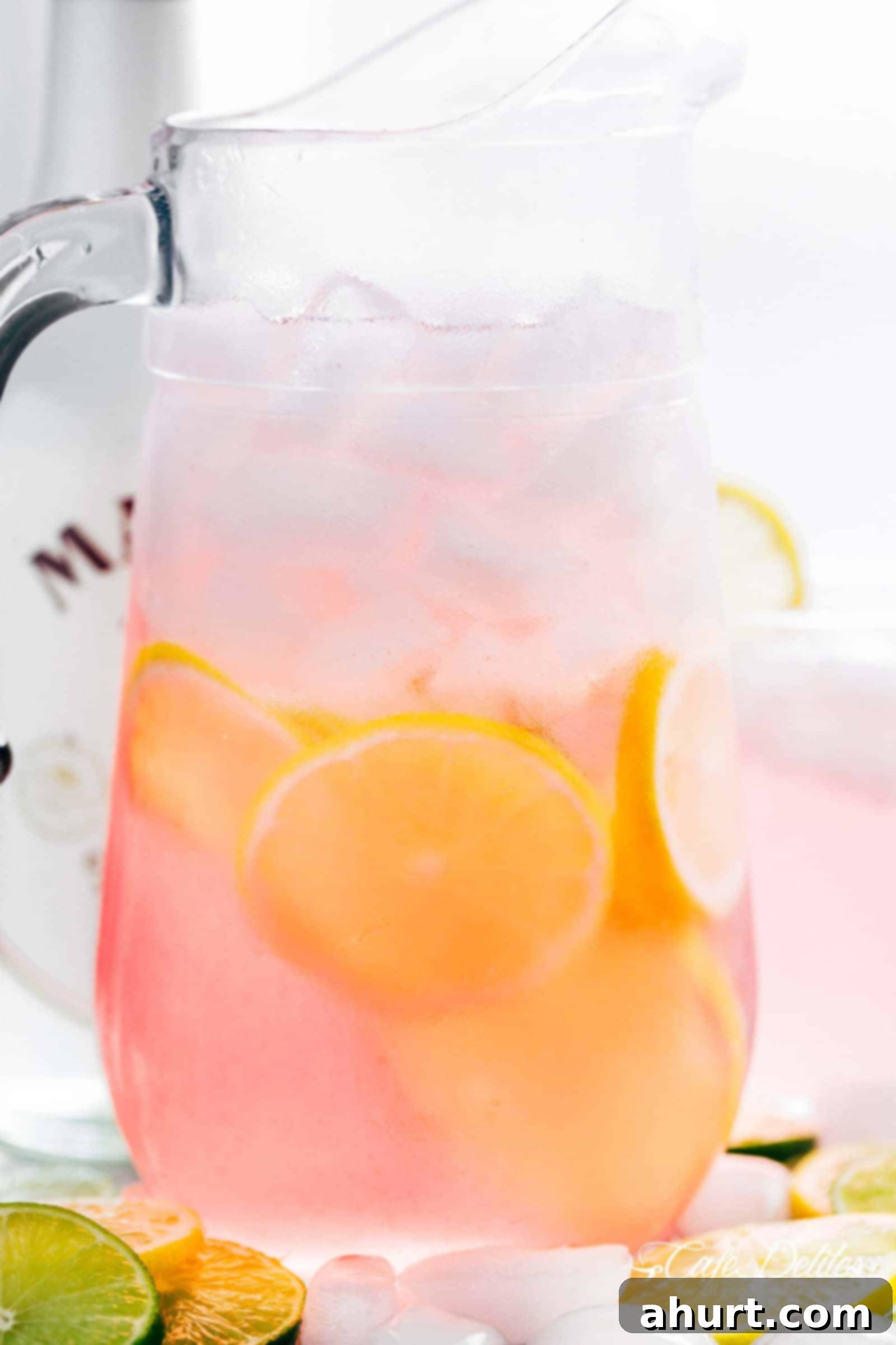 Pink Vodka Lemonade: Easy to make and always refreshing! A large pitcher of beautifully garnished Pink Vodka Lemonade, ready for a party.