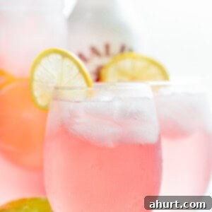 Pink Vodka Lemonade Perfection 5 Pink Vodka Lemonade cocktail with a splash of Malibu and lime juice, garnished with lemon slices and cranberries.