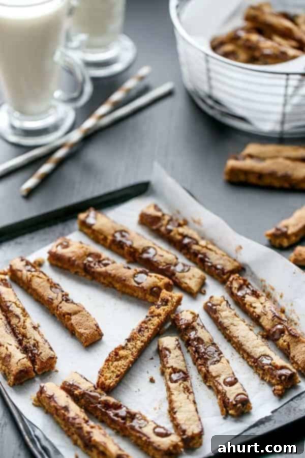 Skinny Chocolate Chip Cookie Sticks 6 Low Fat Chocolate Chip Cookie Sticks on butter paper on a baking tray