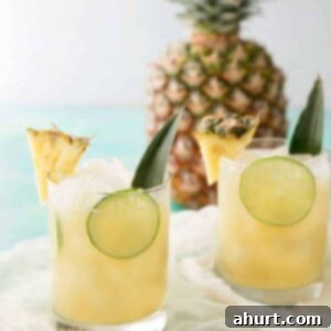 Tropical Pineapple Rum Punch 2 Two glasses of Pineapple Rum Punch garnished with pineapple and lime.
