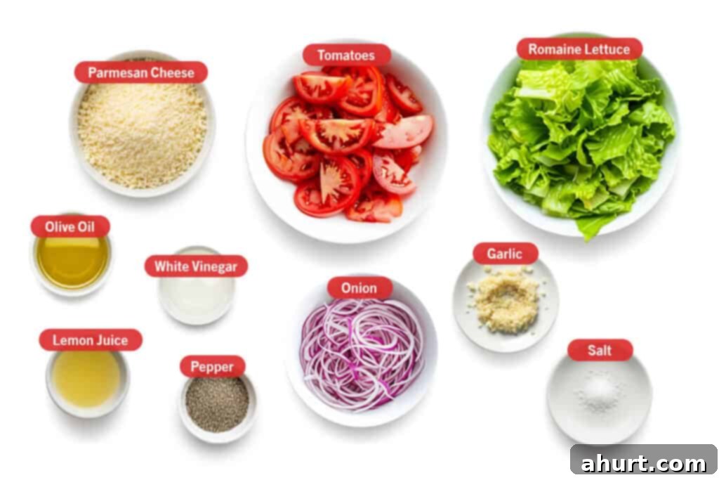 No-Fuss Tomato Salad 3 Fresh ingredients laid out for Easy Tomato Salad, including ripe red tomatoes, crisp lettuce, a bright lemon, and a wedge of Parmesan cheese