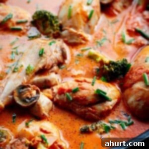 Velvety Tomato Chicken Drumsticks 4 Creamy Tomato Chicken Drumsticks in a pan, ready to be served, garnished with fresh chives.