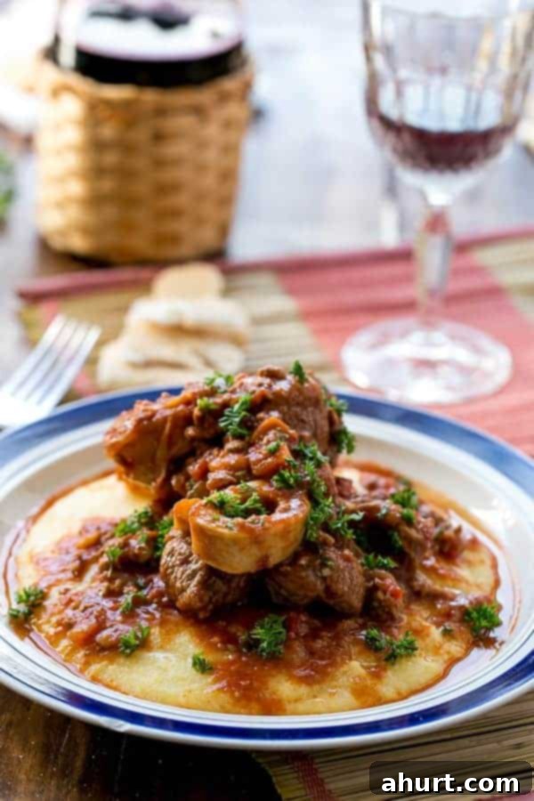Top side view image of Osso Bucco in Red Wine Salsa with Soft Polenta 