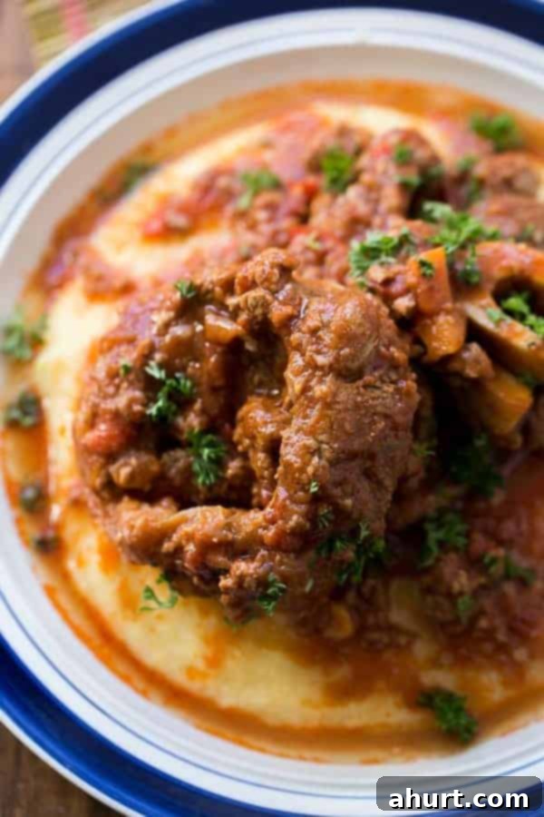 Top view image of Osso Bucco in Red Wine Salsa with Soft Polenta 