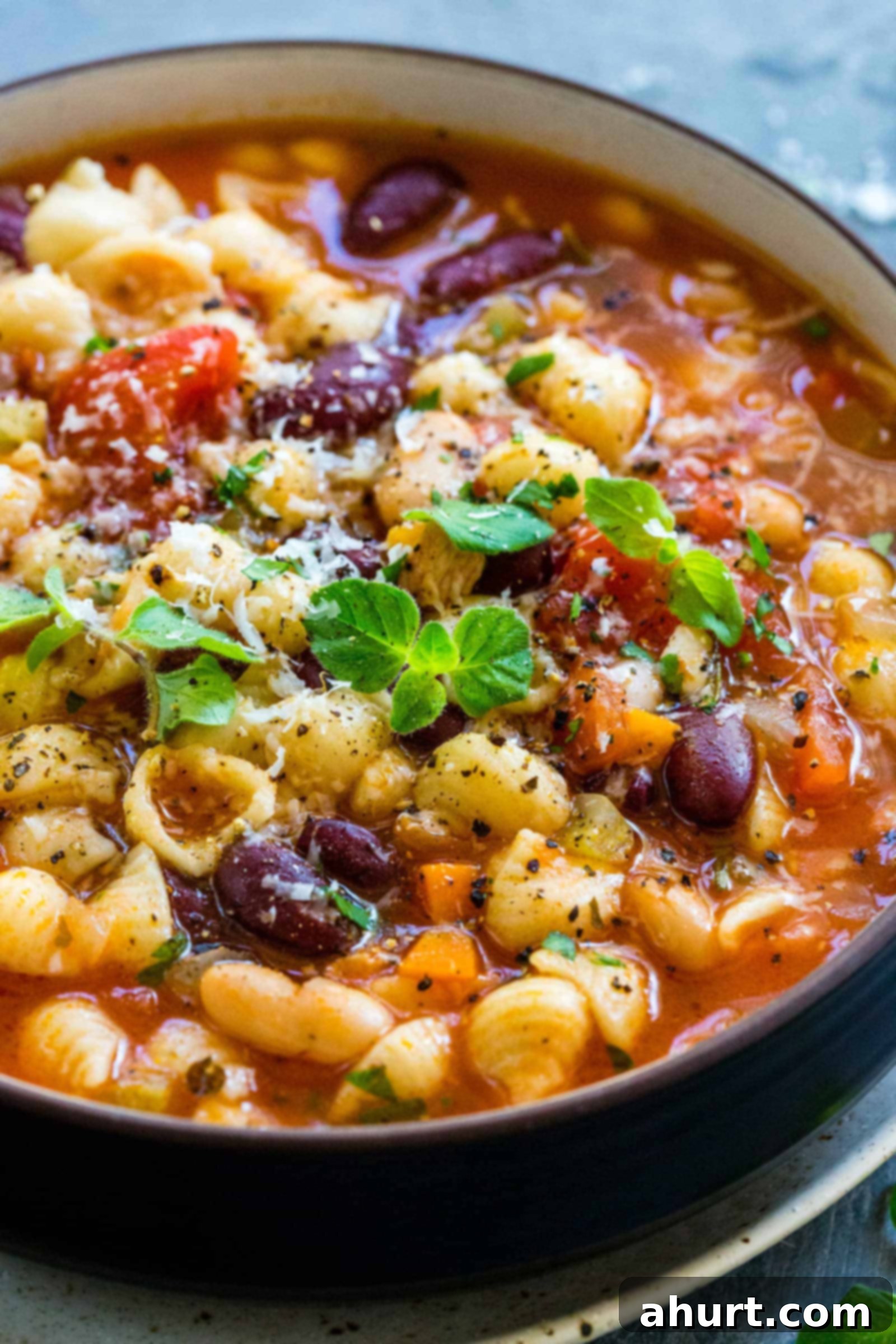 Bowl of Pasta e Fagioli topped with garnish in a bowl