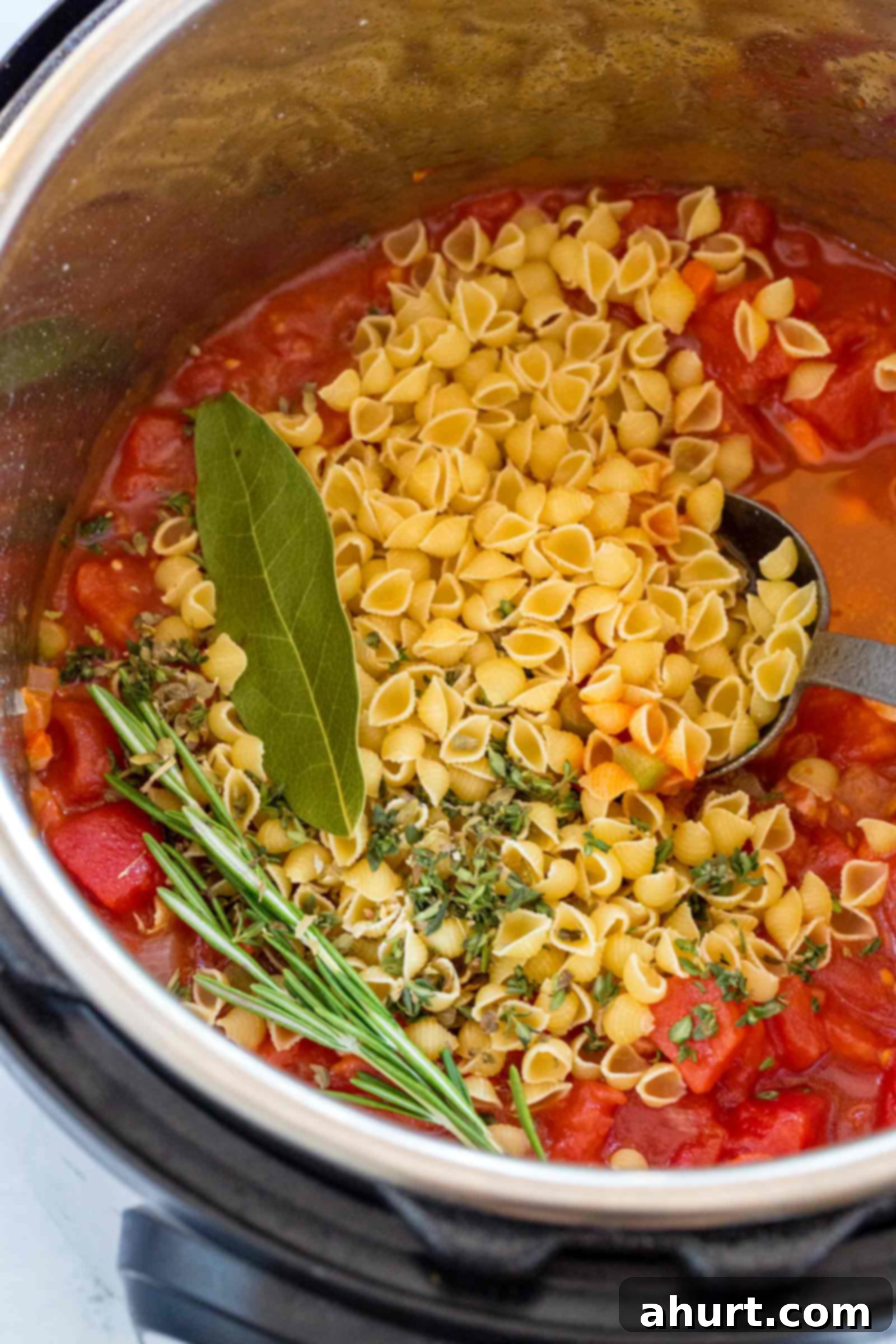 Raw Small pasta shells added to the Instant Pot