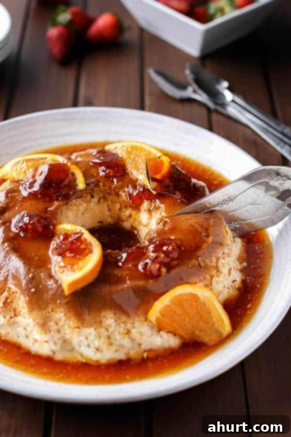 Orange Creme Caramel with Toffee Shards on a plate