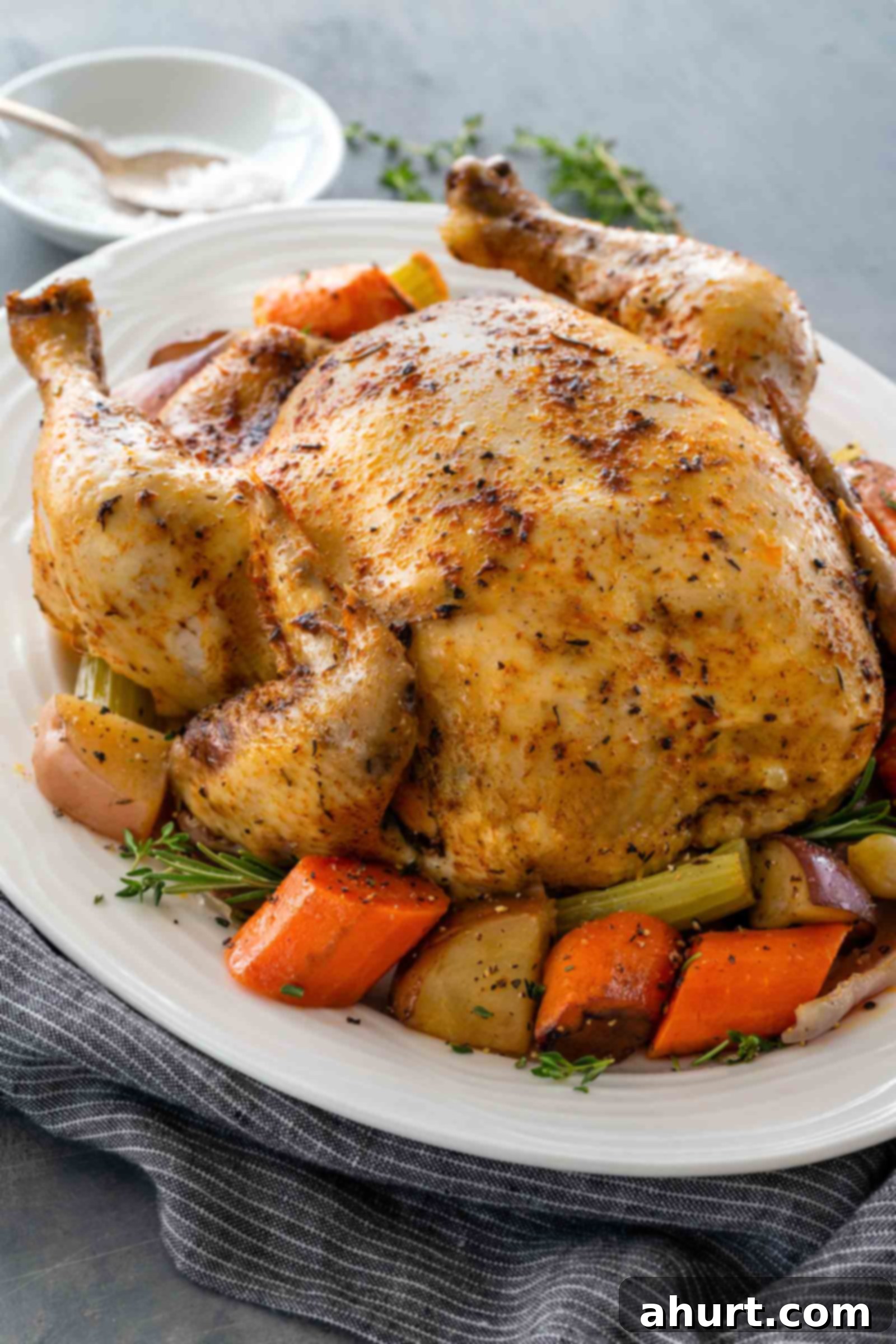 The Best Slow Cooker Whole Chicken 2 A full size slow cooked, golden chicken on a bed of roughly chopped carrots, potatoes and herbs, on a white serving platter.