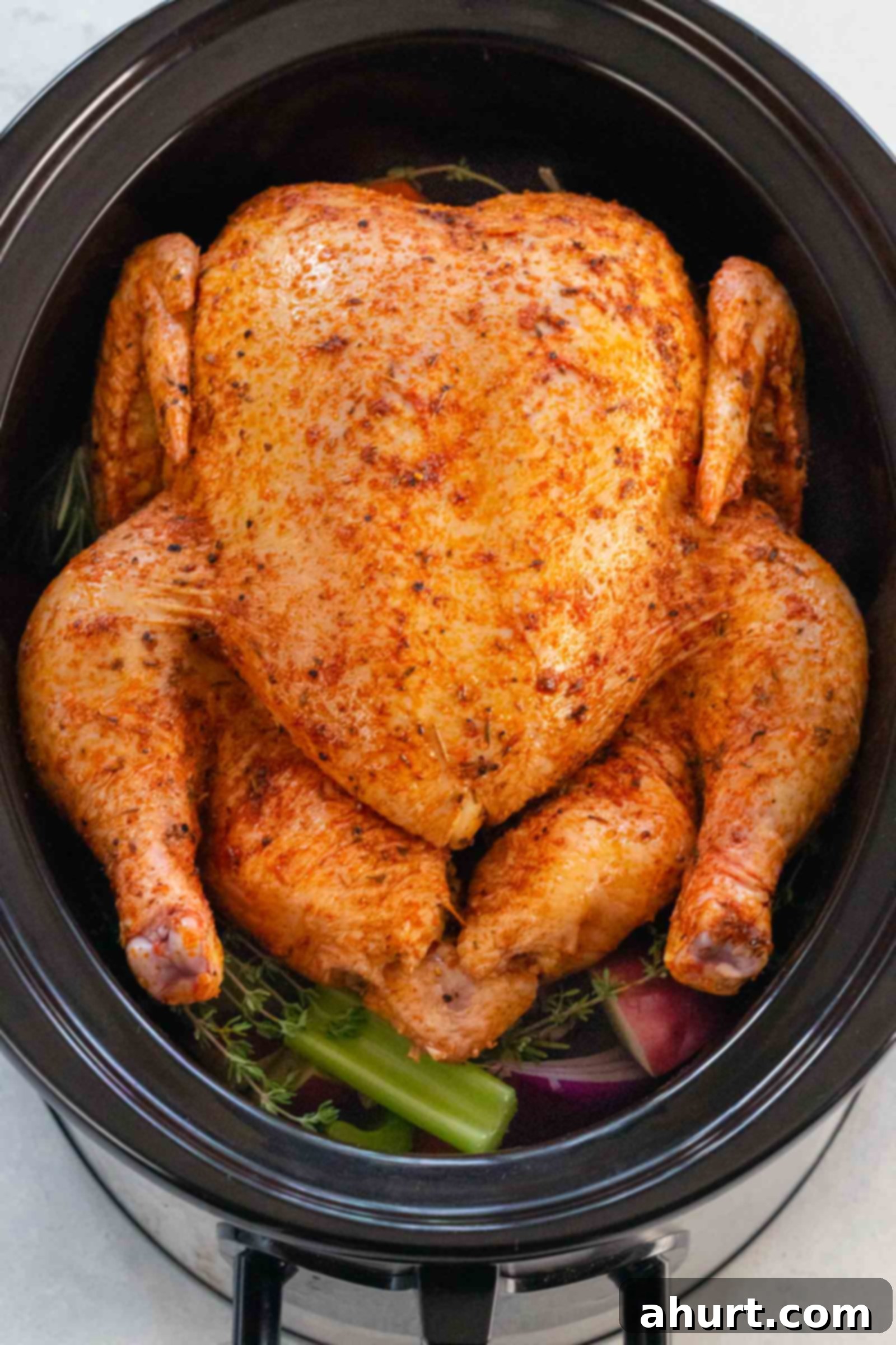The Best Slow Cooker Whole Chicken 4 Marinated full size chicken in a pot, ready for slow cooking
