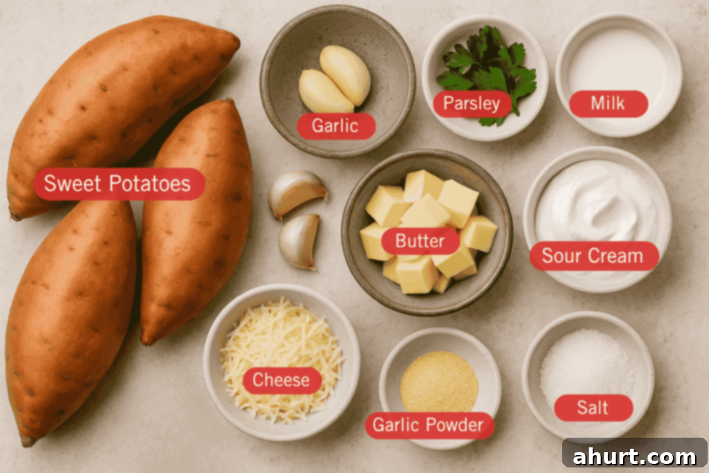 Garlic Herb Savory Sweet Potato Mash 3 A labeled flatlay photo of ingredients for mashed sweet potatoes arranged on a neutral surface. Visible are whole sweet potatoes, peeled garlic in a bowl, cubed butter, sour cream, milk, parsley leaves, shredded cheese, garlic powder, and salt.