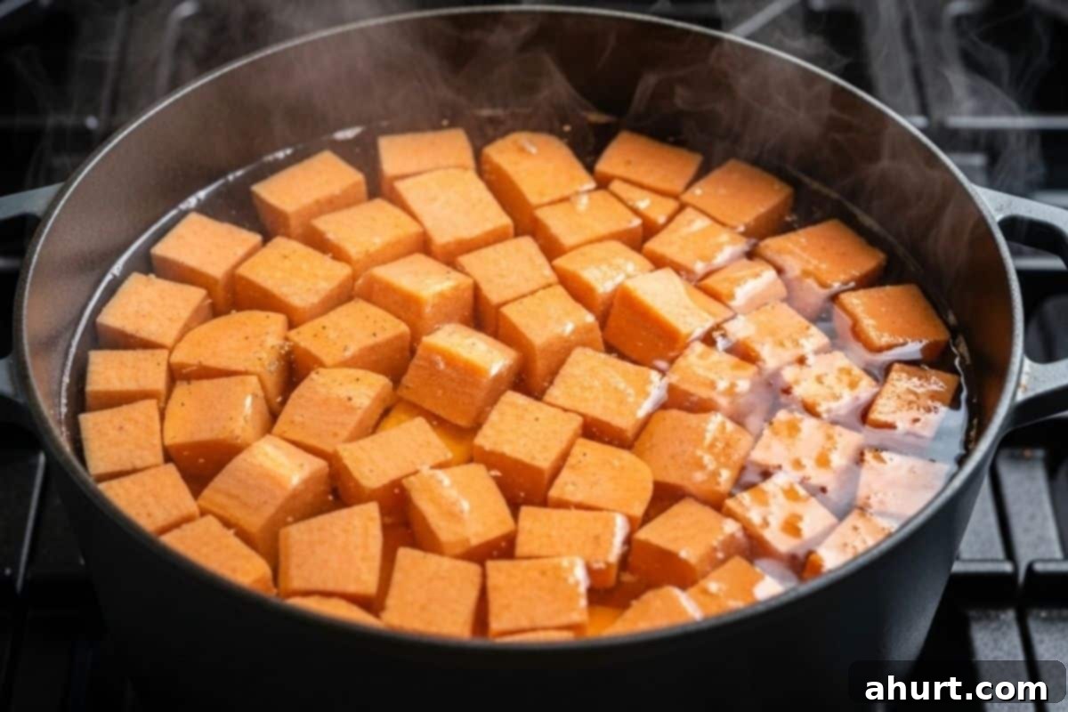 Garlic Herb Savory Sweet Potato Mash 4 cut and peel the sweet potatoes into 2-inch cubes and boil