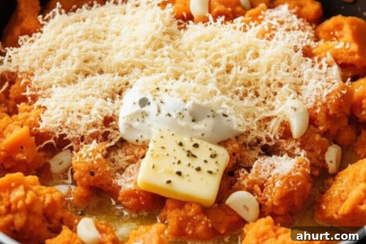 Garlic Herb Savory Sweet Potato Mash 5 drain the potatoes and add butter, sour cream, garlic, salt and parmesan cheese