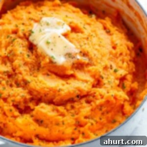 Garlic Herb Savory Sweet Potato Mash 9 Mashed Sweet Potatoes in a pan