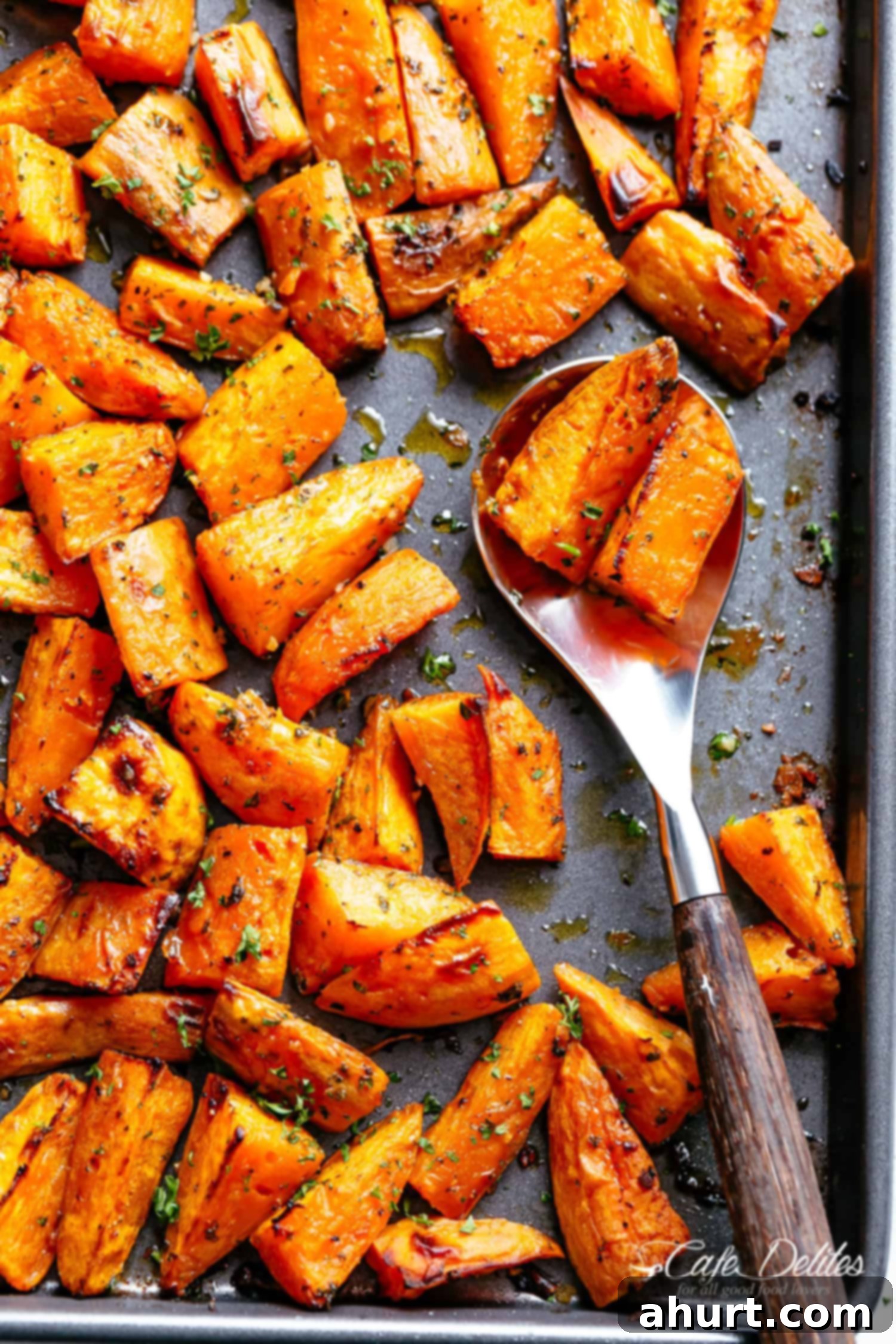Roasted sweet potatoes in a baking tray