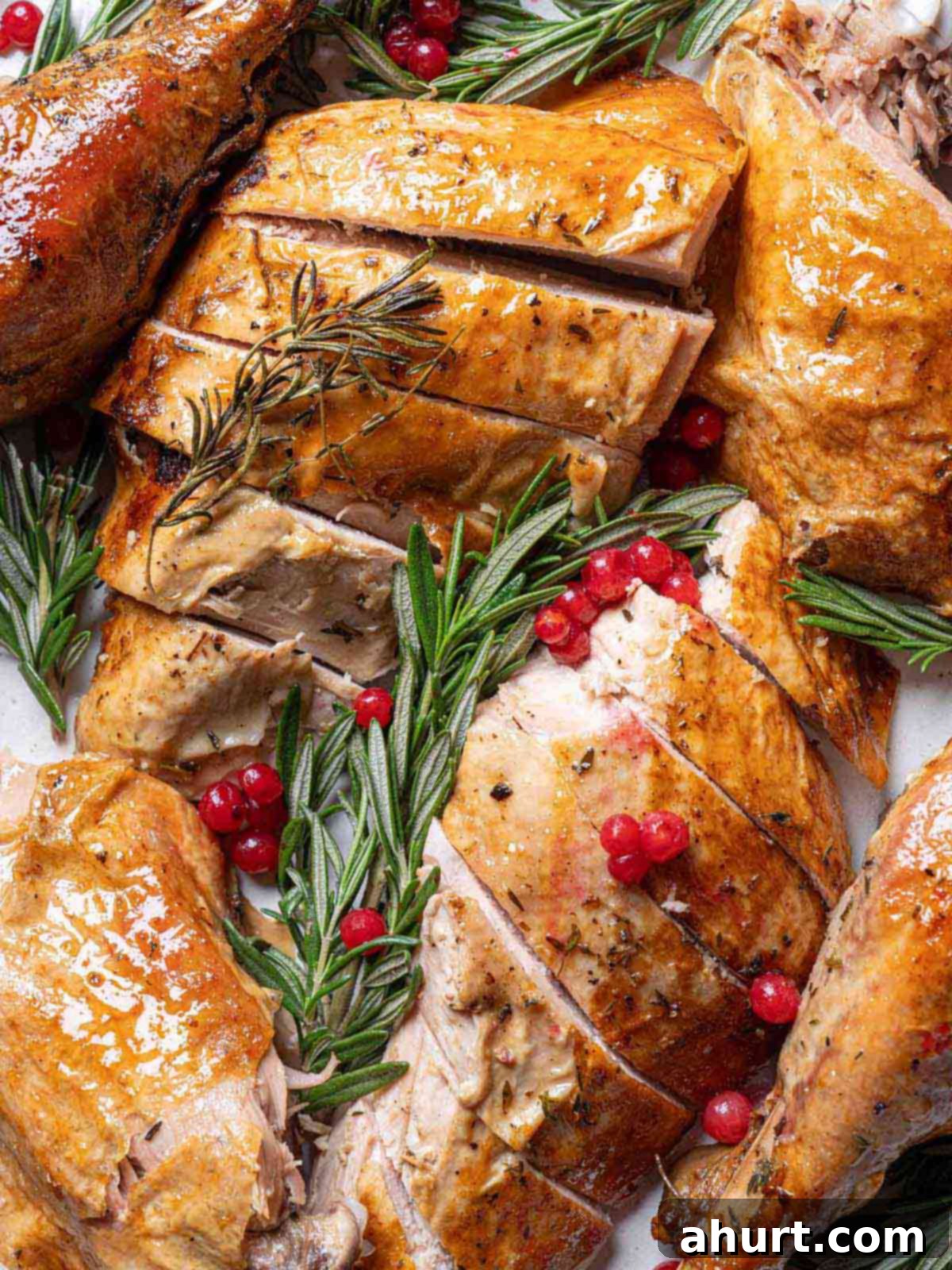 Perfect Herb Butter Roasted Turkey 2 Garlic Herb Butter Roasted Turkey chopped into large slices and pieces, on a serving plate with rosemary sprigs and red cranberries strewn throughout the dish.