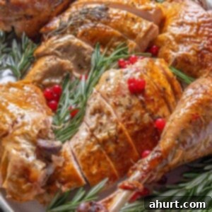 Perfect Herb Butter Roasted Turkey 11 A beautifully roasted turkey, golden-brown and glistening, ready to be carved.
