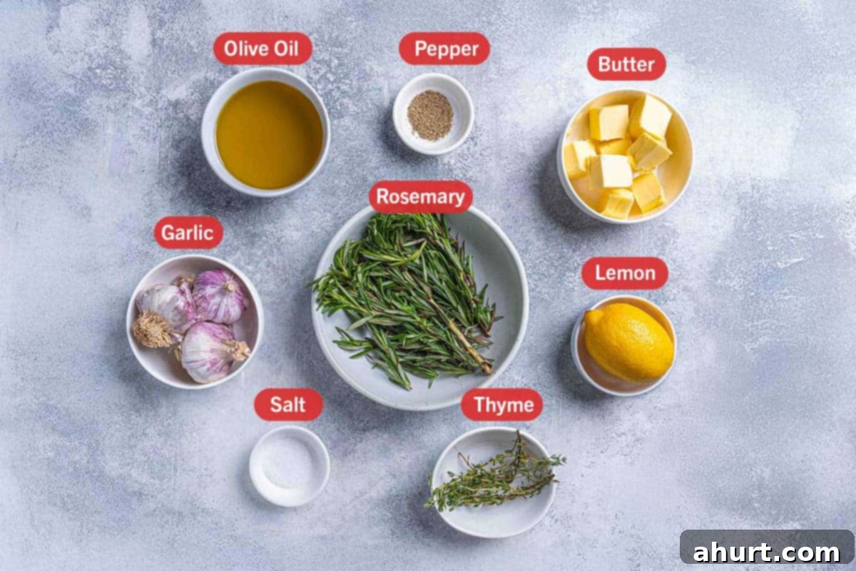 Perfect Herb Butter Roasted Turkey 3 ingredients laid out in white bowels. Olive Oil, Pepper, Butter, Garlic, rosemary, lemon, salt, thyme