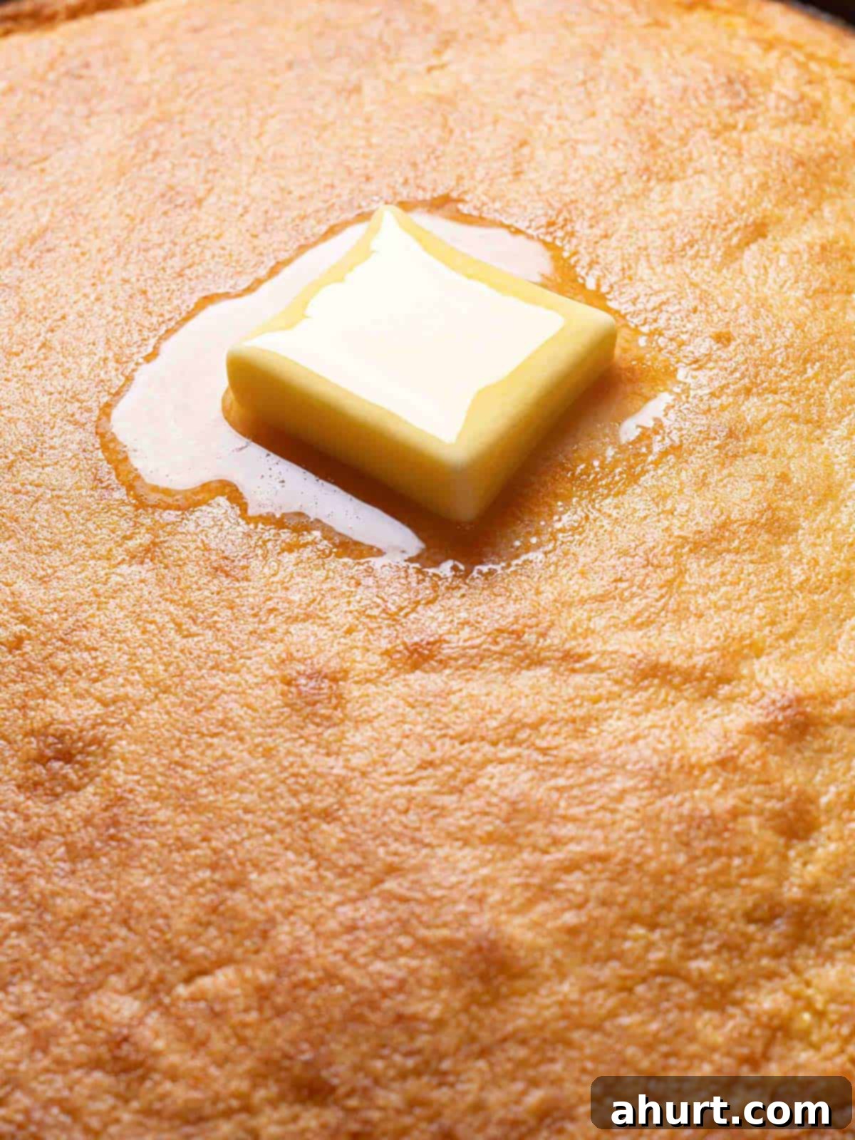 Cornbread recipe with the perfect crumb in a cast iron skillet #cornbread #skillet #castiron #cornbreadrecipe Moist cornbread with a golden crust and a melting pat of butter on top, served in a cast iron skillet.