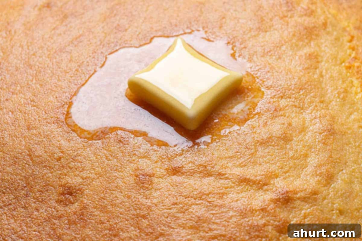 The Ultimate Recipe for Melt-in-Your-Mouth Cornbread 8 A close-up picture of the finished cornbread, golden and moist, with a small square of butter melting on top, cut into slices.