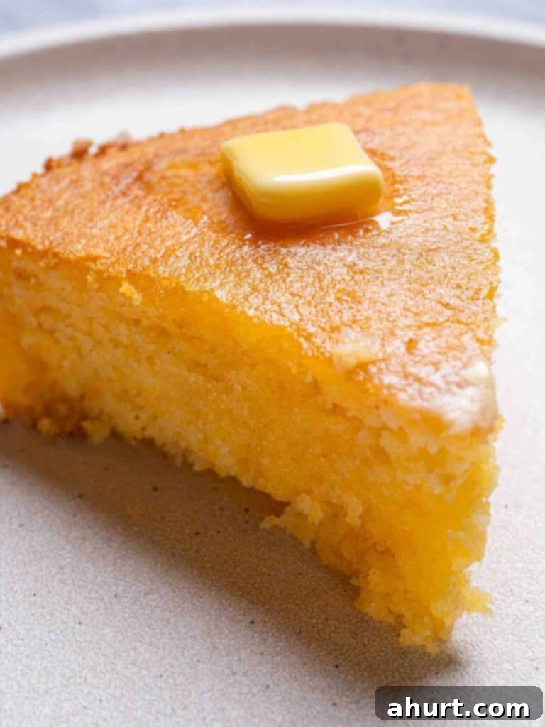 The Ultimate Recipe for Melt-in-Your-Mouth Cornbread 9 A picture of the moist cornbread recipe, cut into wedges and plated, with a knob of butter melting on top, ready to be served.