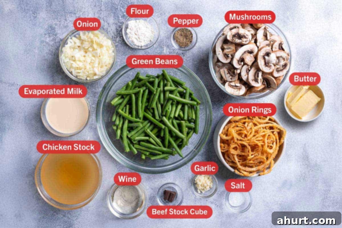 Velvety Green Bean Casserole with a Golden Crunch 3 onion, flour, pepper, mushrooms, evaporated milk, green beans, onion rings, butter, chicken stock, wine, beef stock cube, garlic, salt