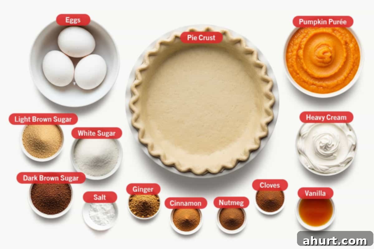 Classic Pumpkin Pie 2 Ingredients shot: pumpkin purée, heavy cream, pie crust, eggs, light brown sugar, white sugar, dark brown sugar, salt, ground ginger, ground cinnamon, ground nutmeg, ground cloves, and vanilla.