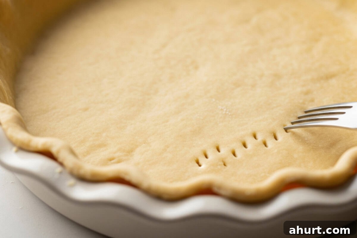 Classic Pumpkin Pie 3 Pie crust with tiny holes using fork.