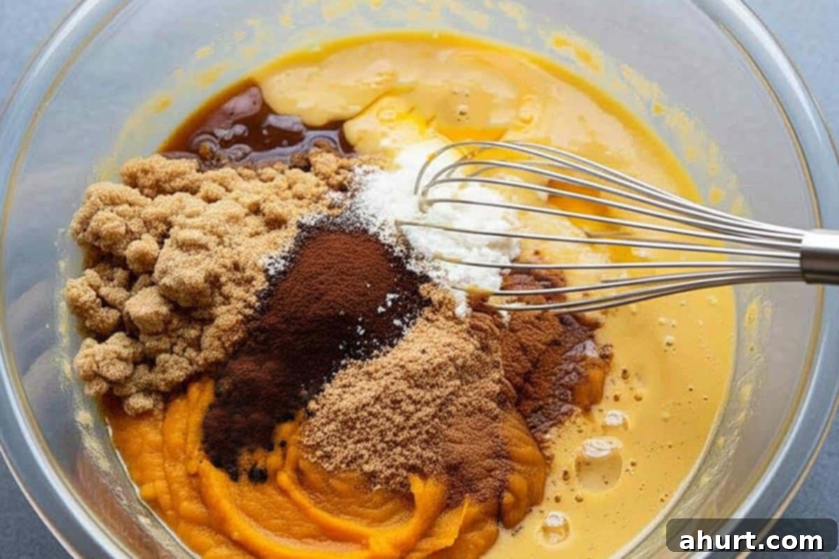 Classic Pumpkin Pie 4 Whisked eggs with light brown sugar, dark brown sugar, white sugar, pumpkin purée, cream , vanilla, ground cinnamon, ginger, cloves, nutmeg, and salt in a large bowl.