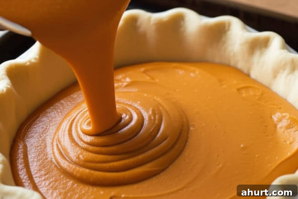 Classic Pumpkin Pie 5 Pumpkin pie filling poured into the pie crust.