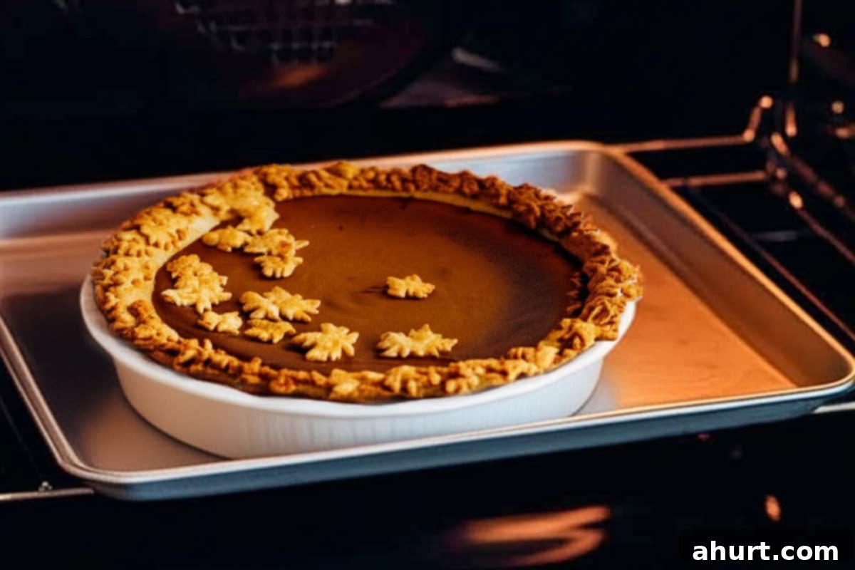 Classic Pumpkin Pie 6 Pumpkin Pie on a baking sheet inside the oven.