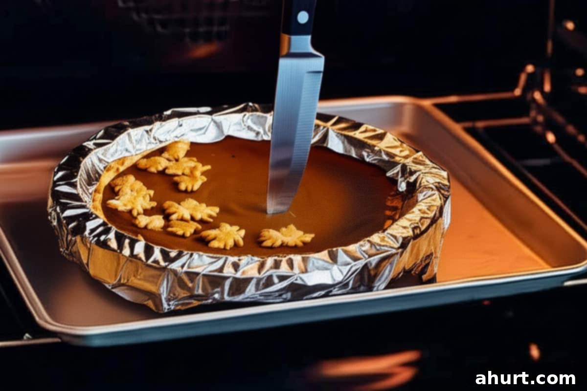 Classic Pumpkin Pie 7 Knife's tip inserted near the center of the pie and the crust edges covered with foil.
