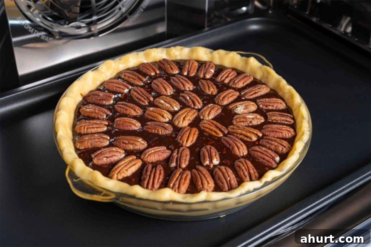 Decadent Chocolate Pecan Pie 8 A beautiful chocolate pecan pie, topped with whole pecans, baking in the oven with a golden crust forming.