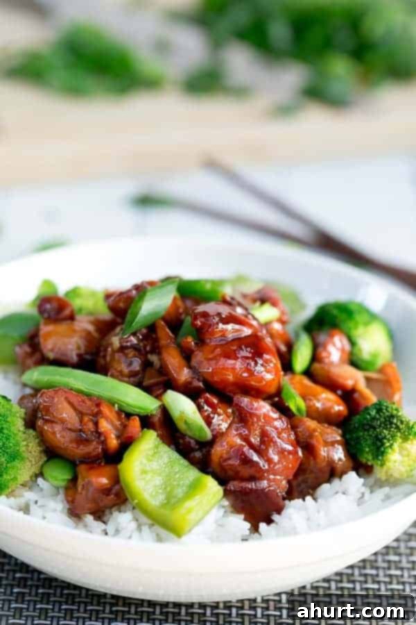 Quick and Delicious Teriyaki Chicken Stir Fry 2 Side view image of Simple Chicken Teriyaki Stir Fry with rice and green onions, ready to serve