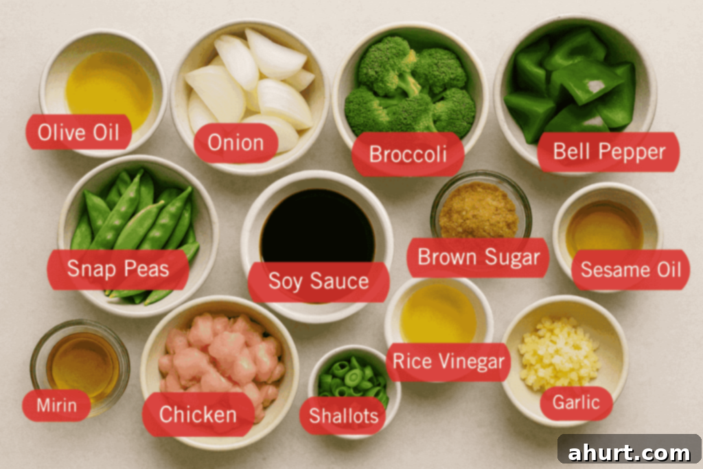 Quick and Delicious Teriyaki Chicken Stir Fry 3 A selection of fresh ingredients including chicken, broccoli, peas, sauces, and aromatics for teriyaki stir fry