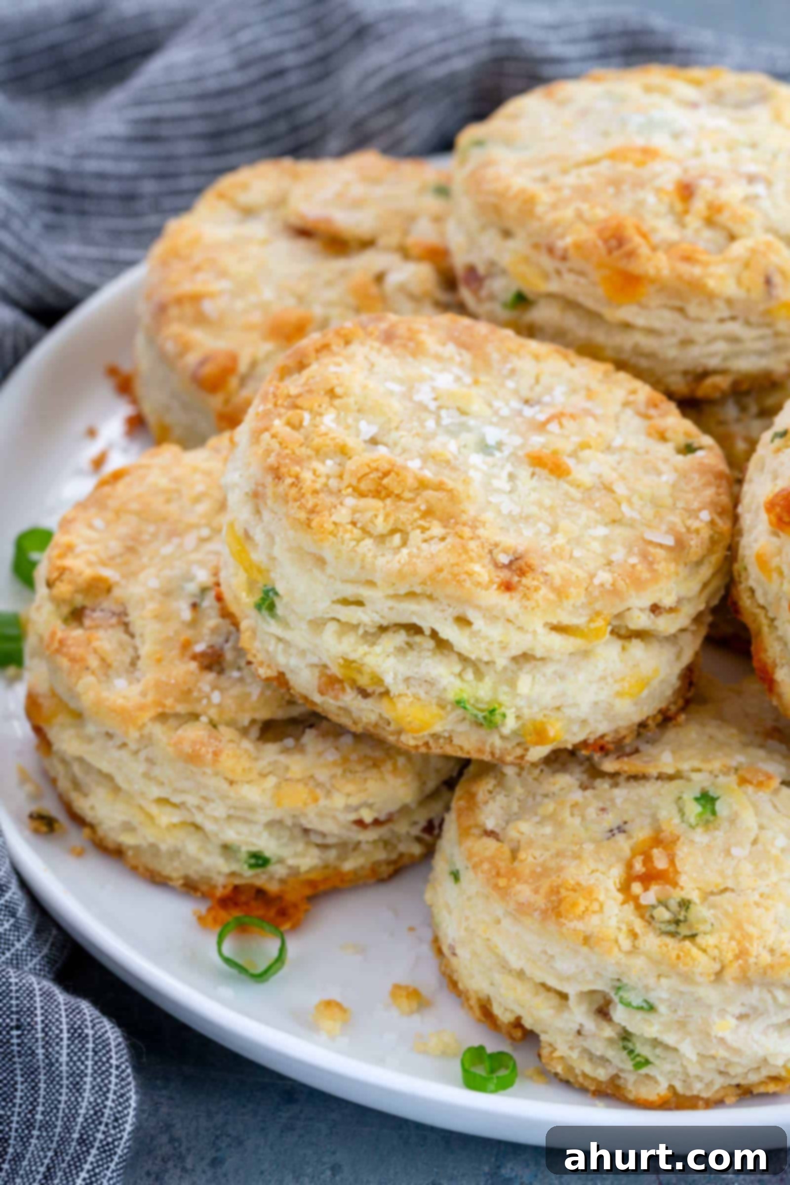 Fluffy Bacon Cheddar Delights 2 Crunchy bacon cheddar biscuits stacked on a white plate, showcasing their flaky layers and golden-brown crust.