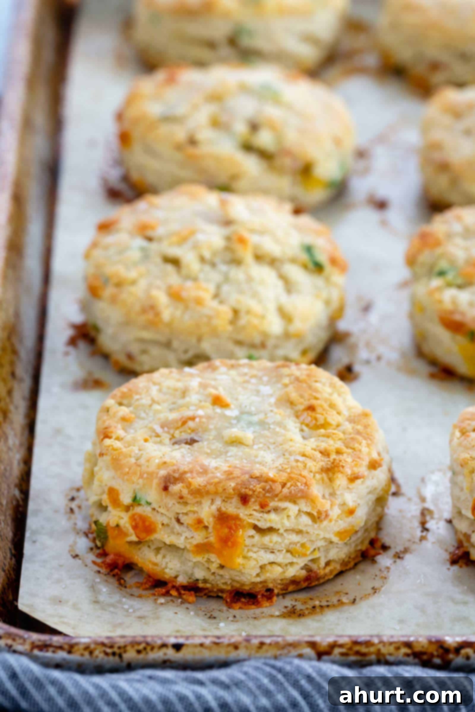 Fluffy Bacon Cheddar Delights 12 Crunchy and savory bacon cheddar biscuits on a sheet tray straight out of the oven, golden brown and inviting.