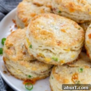 Fluffy Bacon Cheddar Delights 13 crunchy bacon cheddar biscuits stacked on a white plate