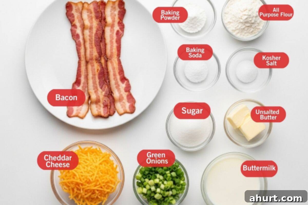 Fluffy Bacon Cheddar Delights 3 Flat lay photo of ingredient shot of bacon, baking powder, all-purpose flour, baking soda, kosher salt, unsalted butter, sugar, buttermilk, green onions, cheddar cheese, laid out on a clean surface.