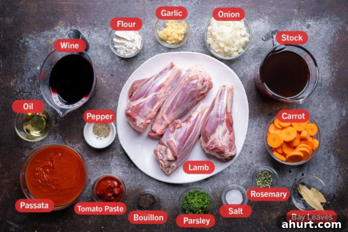 Fall-Off-The-Bone Lamb Shanks 3 Ingredients laid out from a top view against a dark white and black background for braised lamb shanks.
