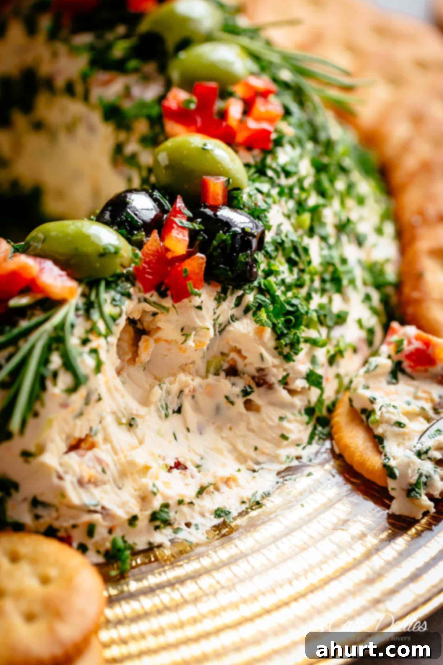 Cheese Ball Wreath for Christmas with bacon cheese dip! A bite taken from Cheese Ball Wreath with bacon, cheese, chives and onions