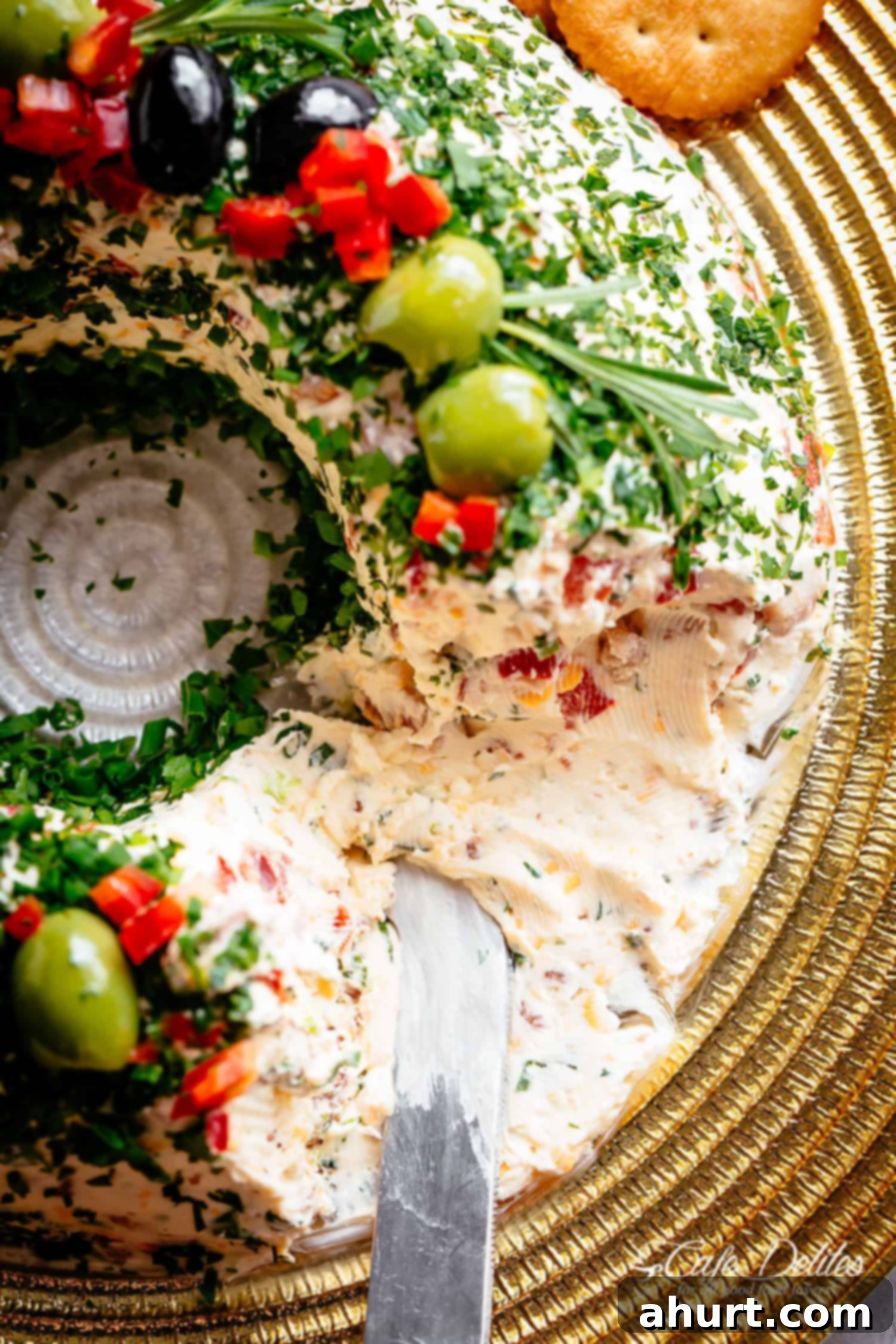 A holiday masterpiece! Top view of Bacon onion and cheese dip cheese ball wreath