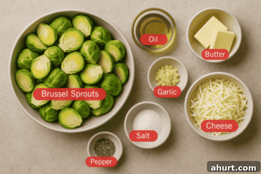 Cheesy Brussels Sprout Delight 2 Labeled flatlay photo of ingredients for Cheesy Brussels Sprouts. A large bowl of halved Brussels sprouts is surrounded by smaller bowls containing olive oil, butter, minced garlic, shredded cheese, salt, and cracked black pepper.