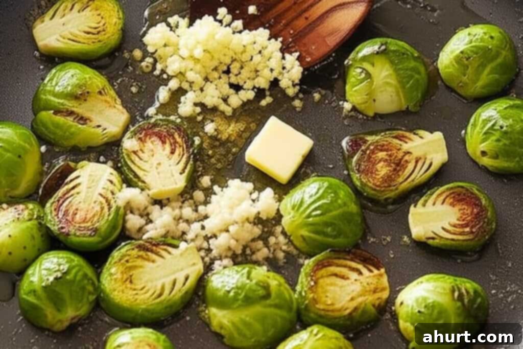 Cheesy Brussels Sprout Delight 6 Melted butter and minced garlic added to seared Brussels sprouts.