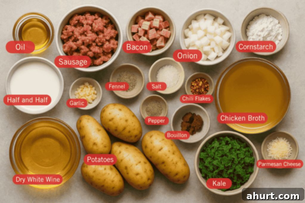 Creamy Tuscan Sausage and Potato Soup 3 Labeled flatlay of Zuppa Toscana ingredients in bowls, including sausage, bacon, onion, potatoes, kale, cream, broth, wine, garlic, spices, cheese, and cornstarch.